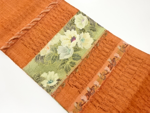 手織り真綿紬横段に花々模様織出し名古屋帯